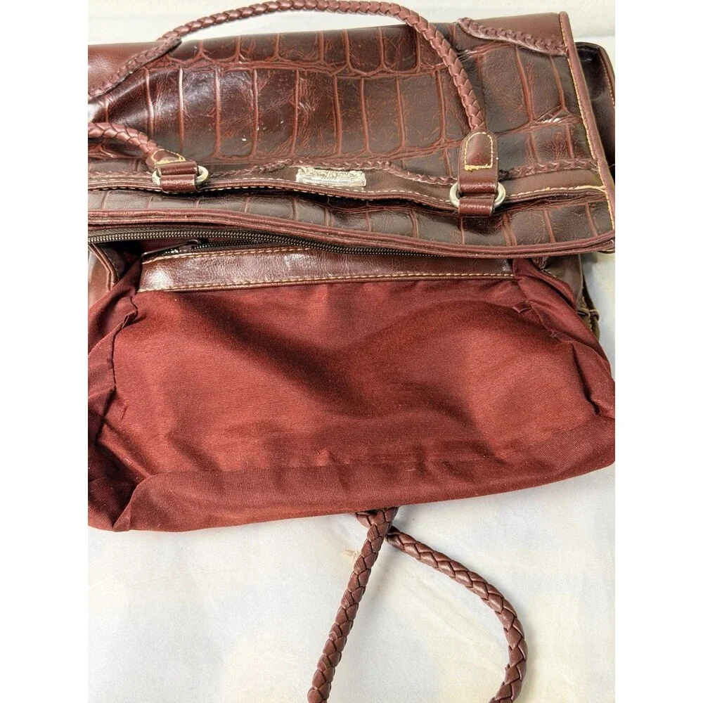 Vintage Bueno Brown Croc Embossed Shoulder Bag Braided Handles Satchel Purse